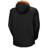 Helly Hansen Garbaldi 2.0 Insulated Jacket - A black insulated jacket with a hood and orange accents on the shoulders, collar, and chest zipper.
