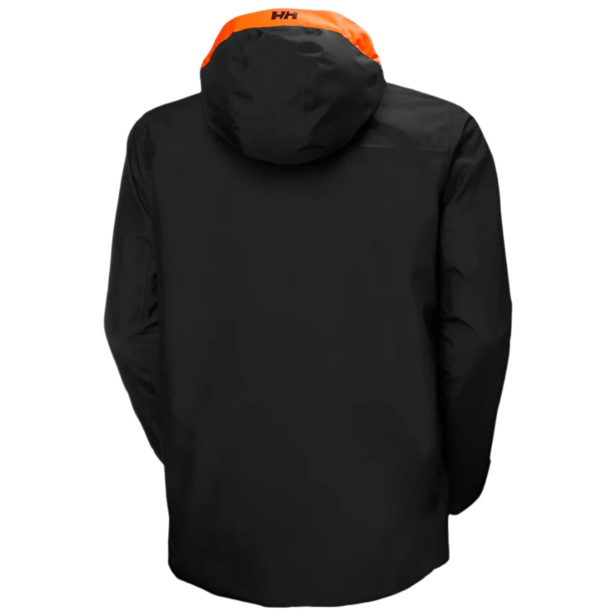Helly Hansen Garbaldi 2.0 Insulated Jacket - A black insulated jacket with a hood and orange accents on the shoulders, collar, and chest zipper.