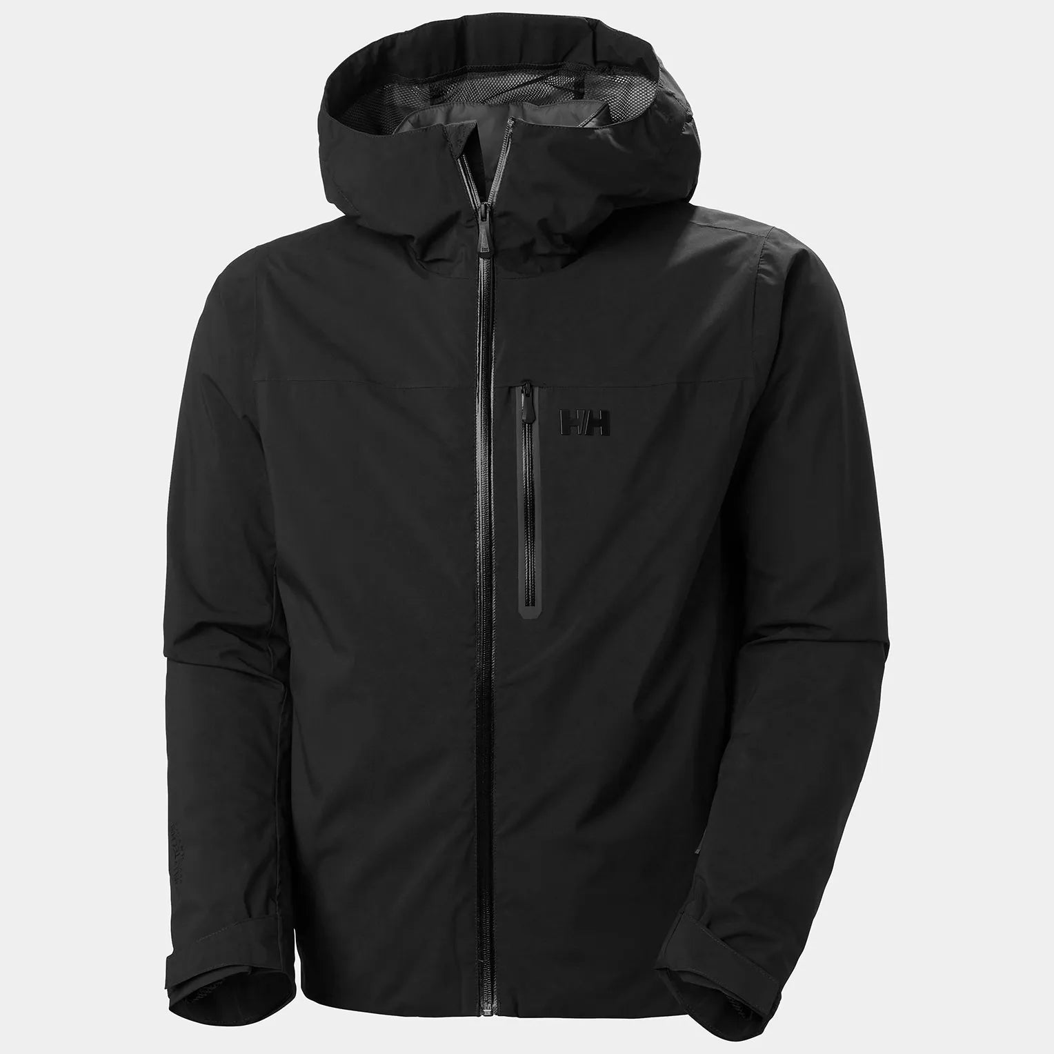 Helly Hansen Swift 3-in-1 Jacket - A black jacket with a zippered chest pocket and two zippered side pockets, featuring a hood and adjustable cuffs.