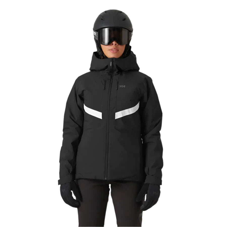 Helly Hansen Women's Edge 3.0 Insulated Jacket 2025 - A black insulated jacket with a white logo on the left chest and two white stripes across the front torso.