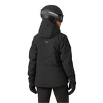 Helly Hansen Women's Edge 3.0 Insulated Jacket - A black jacket with a hood, featuring white lettering on the back and a zippered pocket on the side.