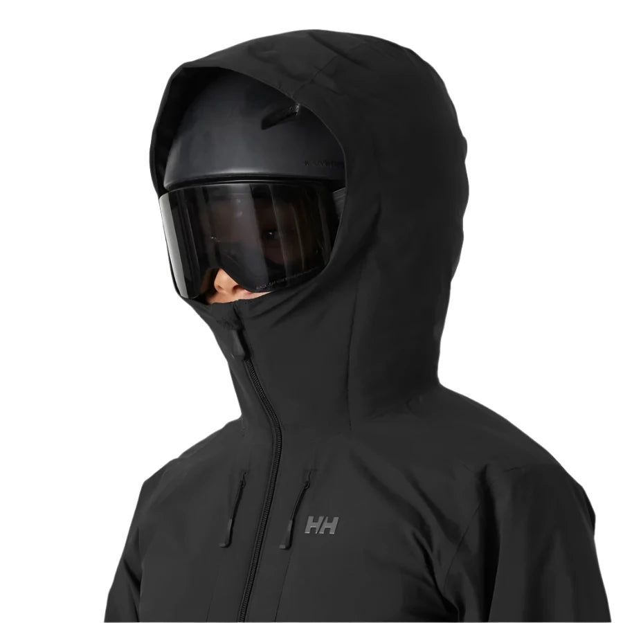 Helly Hansen Women's Edge 3.0 Insulated Jacket - A black insulated jacket with a hood, featuring a zippered front and two zippered pockets on either side.
