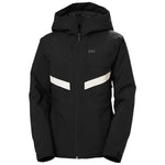 Helly Hansen Women's Edge 3.0 Insulated Jacket - A black insulated jacket with a hood, featuring two zippered pockets on the front and a white logo on the left chest.