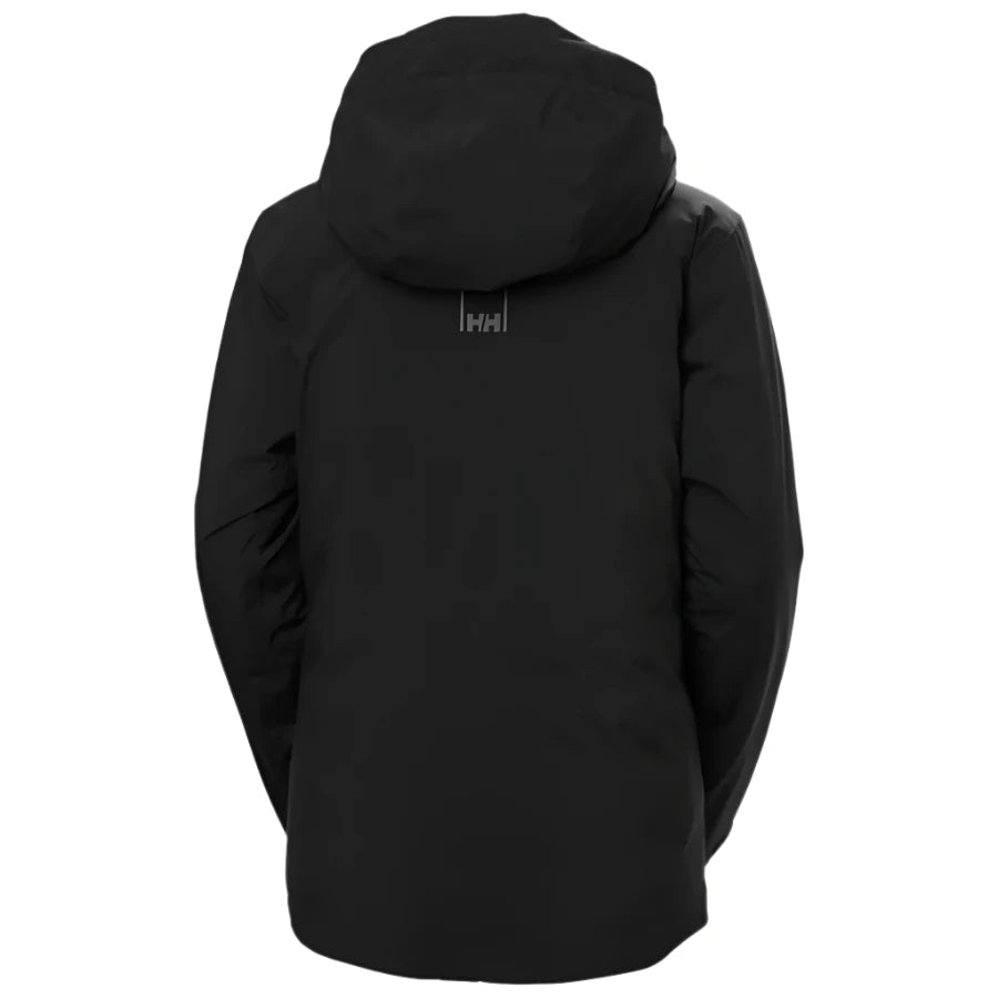 Helly Hansen Women's Edge 3.0 Insulated Jacket - A black insulated jacket with a hood, featuring a small HH logo on the upper back.