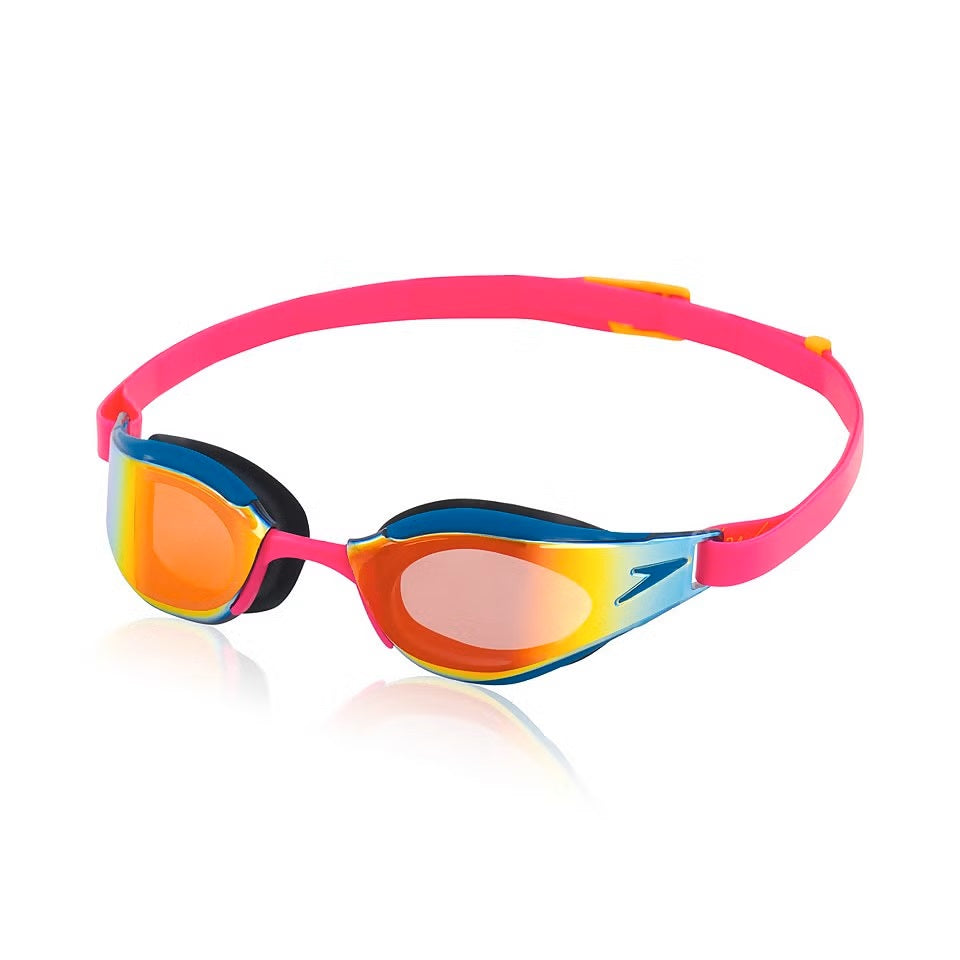 Speedo Fastskin Hyper Elite Mirror Goggle - A pair of mirrored goggles with a sleek, aerodynamic design and a reflective orange lens.