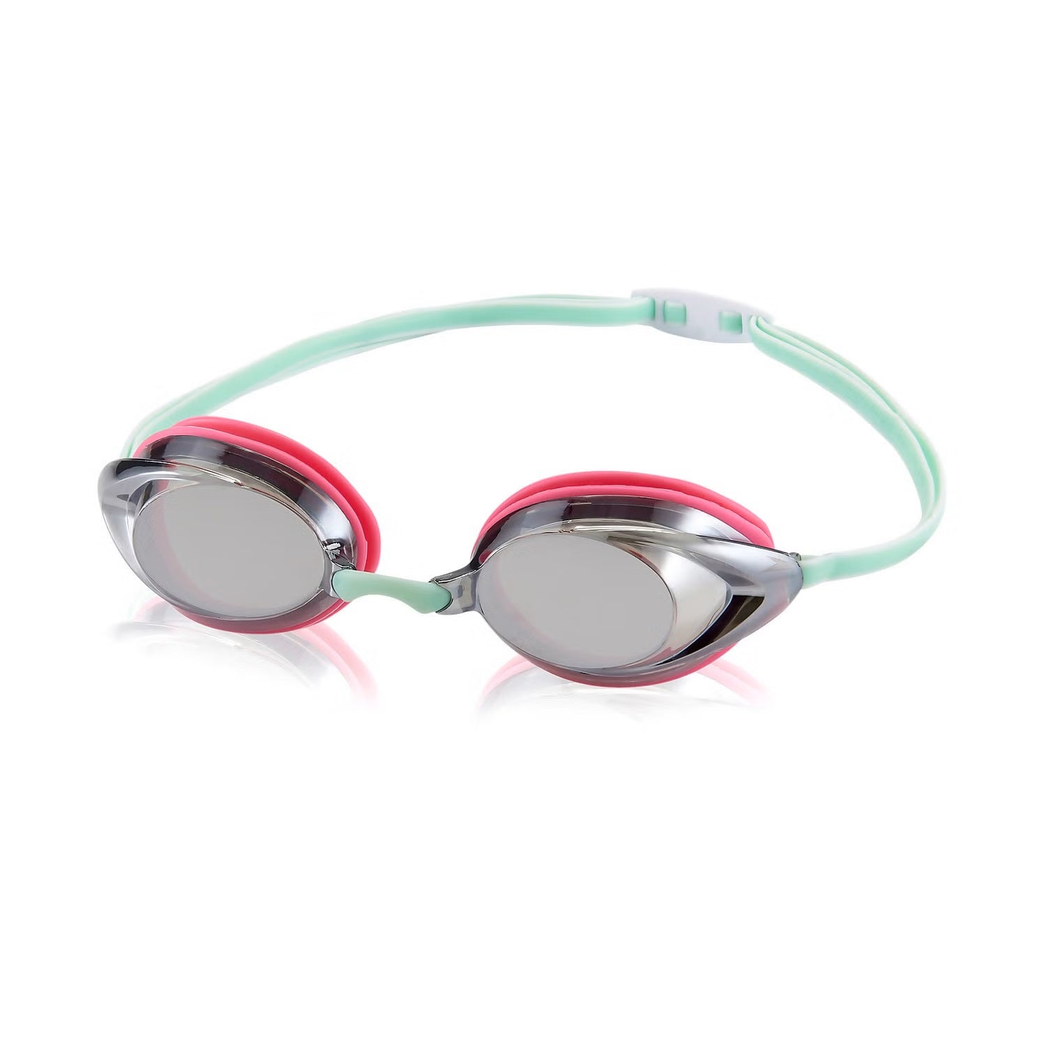 Speedo Women's Vanquisher 2.0 Mirrored Swim Goggle - A pair of mirrored swim goggles with a sleek, modern design and a pink strap.