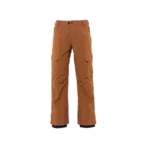 The Quantum Therm Pant by Burton in brown has two cargo pockets and an adjustable waistband on the front view.