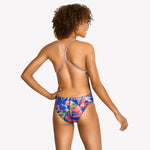 Speedo The One Printed One Piece Swimsuit - A blue swimsuit with a tropical floral pattern and thin straps.
