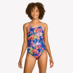 Speedo The One Printed One Piece Swimsuit - A blue swimsuit with a tropical floral pattern and thin straps.