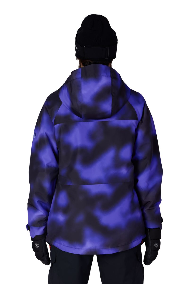 Women's insulated ski jacket, purple-blue cloud pattern, hooded back view, full-zip