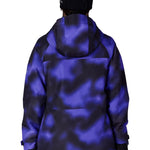 Women's insulated ski jacket, purple-blue cloud pattern, hooded back view, full-zip