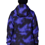 Women's insulated ski jacket, purple-blue cloud pattern, hooded back view, full-zip