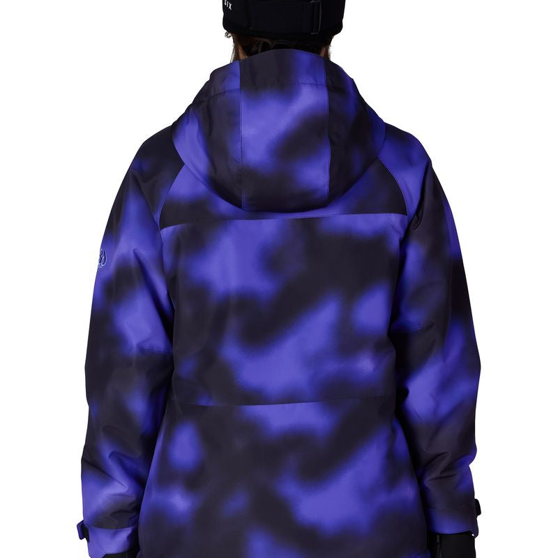 Women's insulated ski jacket, purple-blue cloud pattern, hooded back view, full-zip