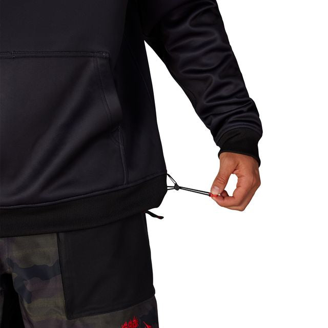 Black hoodie sleeve and front hem with drawstring and kangaroo pocket opening