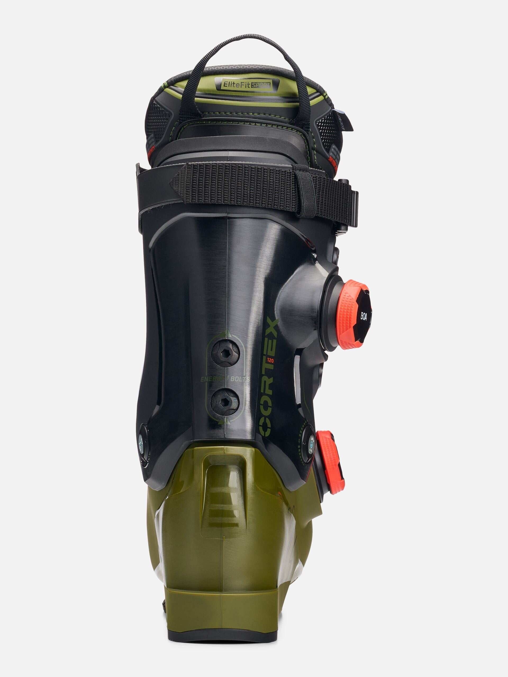 K2 Cortex 120 Zonal BOA ski boots feature a green and black color scheme with a distinctive design.