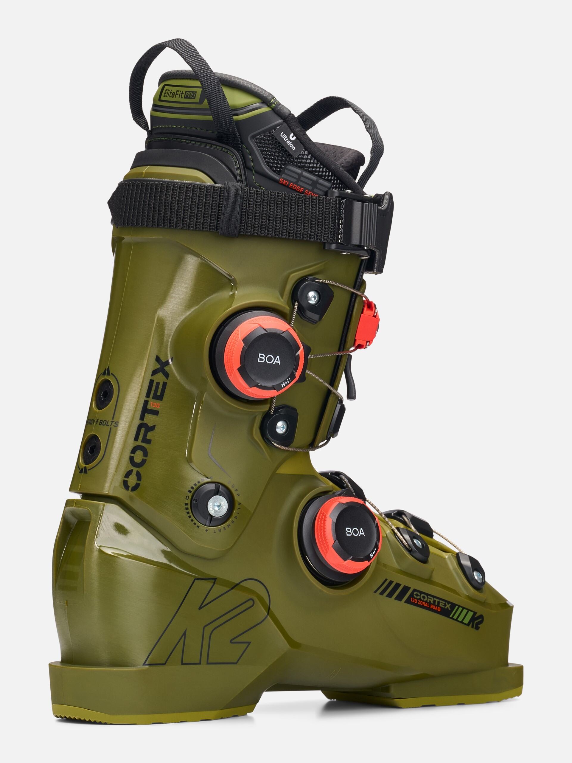 K2 Cortex 130 Zonal BOA ski boots feature a dark green color and distinctive design.