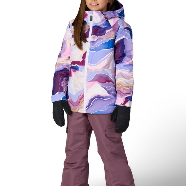 Girls' insulated snow pants in plum with cargo pockets and reinforced cuffs
