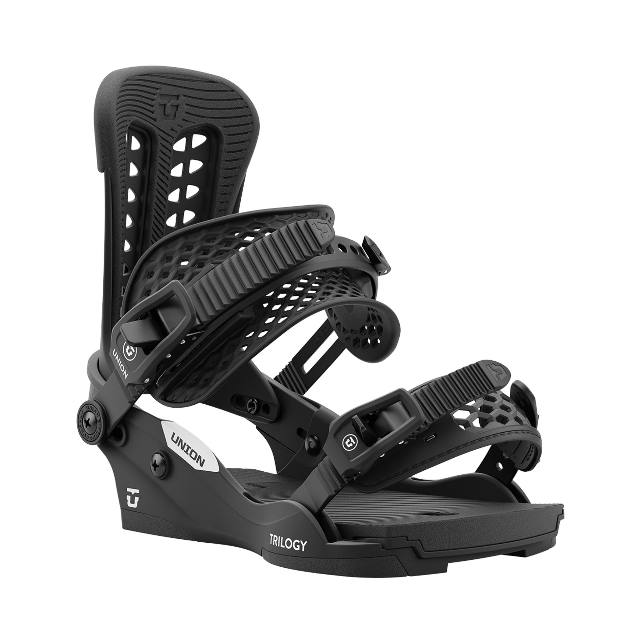 Union Women's Trilogy Classic Snowboard Bindings 2025 - A black snowboard binding with a textured strap and a white logo on the baseplate.