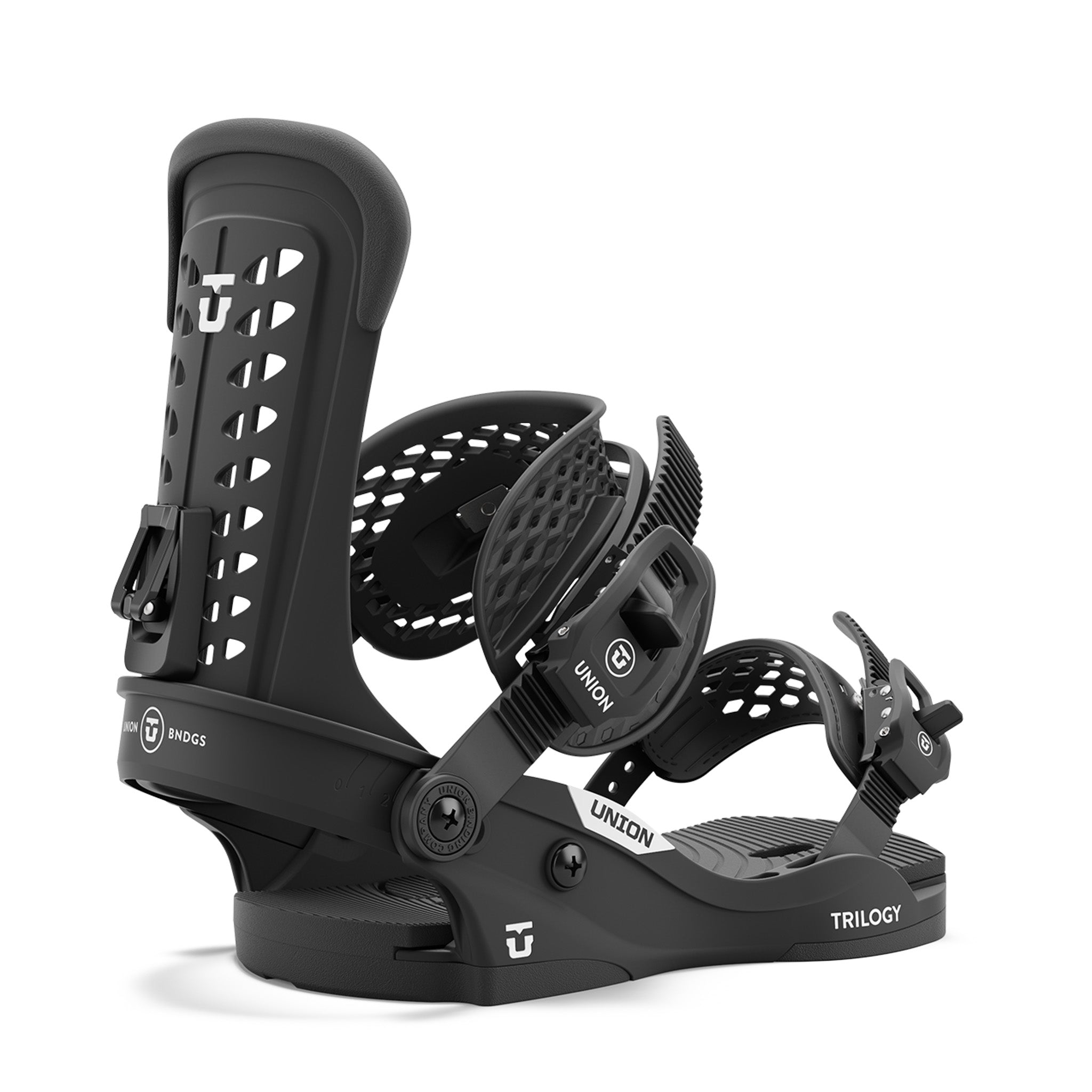 Union Women's Trilogy Classic Snowboard Bindings 2025 - Black snowboard bindings with white lettering and logos.