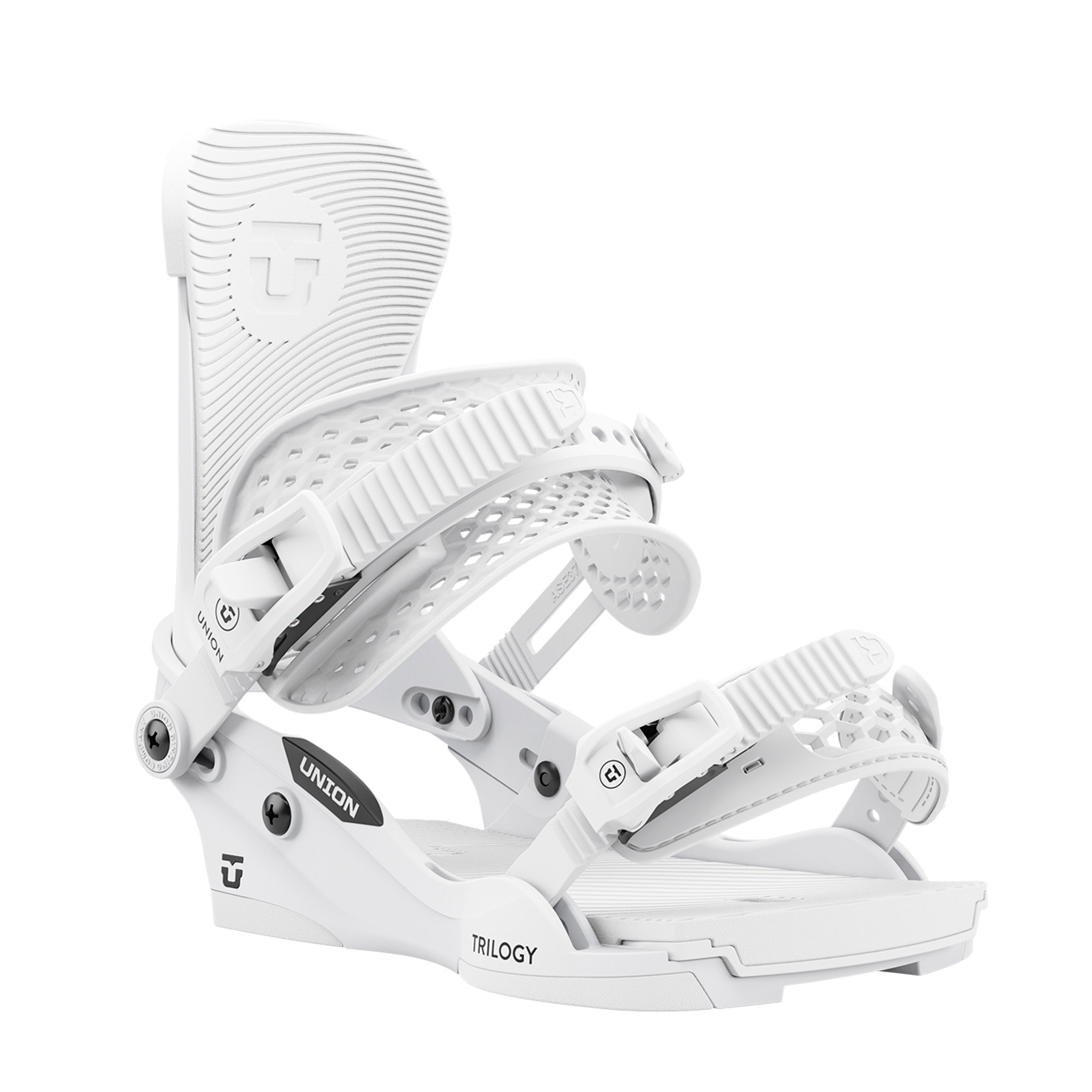 Union Women's Trilogy Classic Snowboard Bindings 2025 - White snowboard bindings with black buckles and straps.