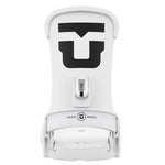 Union Women's Trilogy Classic Snowboard Bindings 2025 - A white snowboard binding with a large black "U" logo on top and a small black "T" logo in a circle at the bottom.