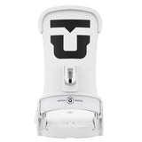 Union Women's Trilogy Classic Snowboard Bindings 2025 - A white snowboard binding with a large black "U" logo on top and a small black "T" logo in a circle at the bottom.