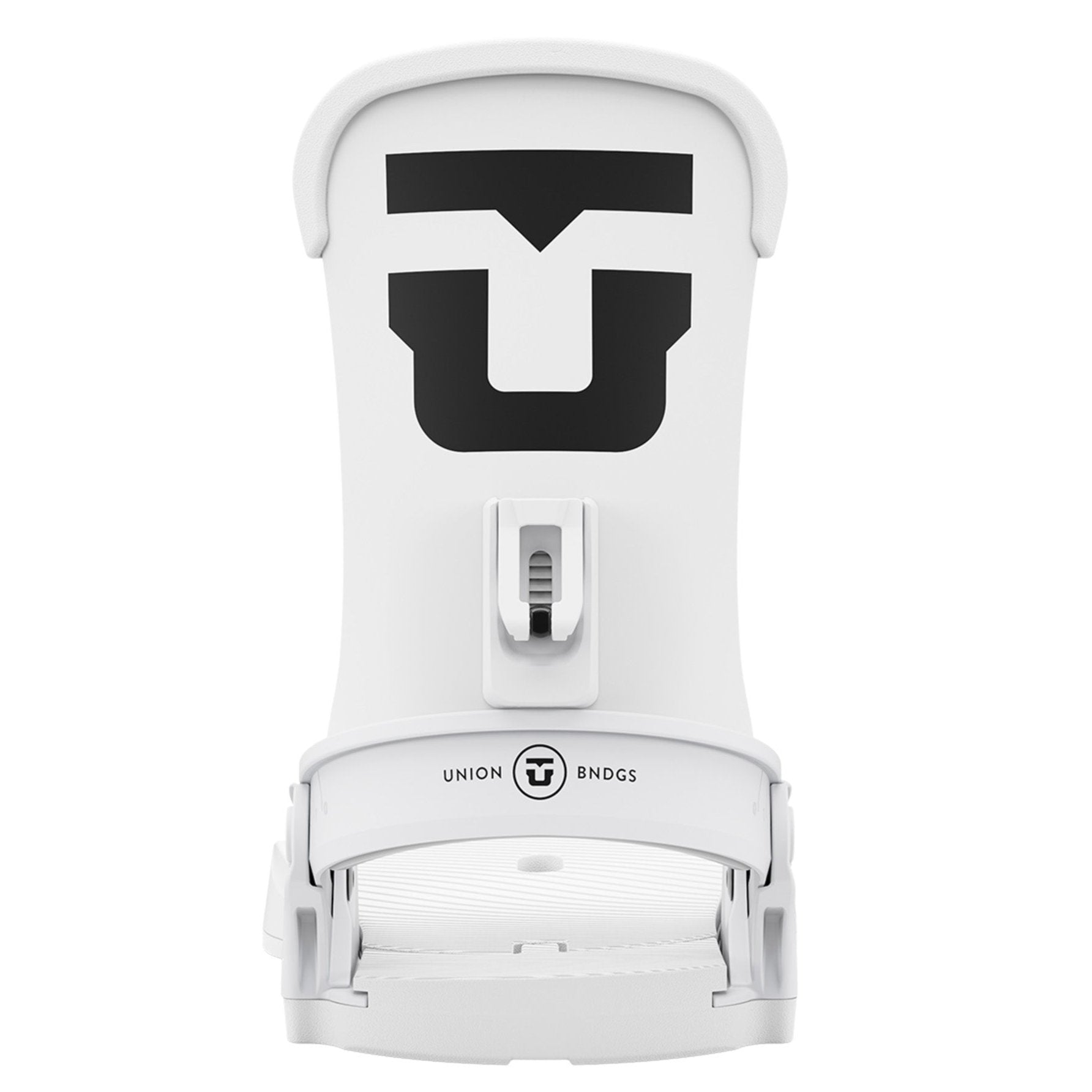 Union Women's Trilogy Classic Snowboard Bindings 2025 - A white snowboard binding with a large black "U" logo on top and a small black "T" logo in a circle at the bottom.