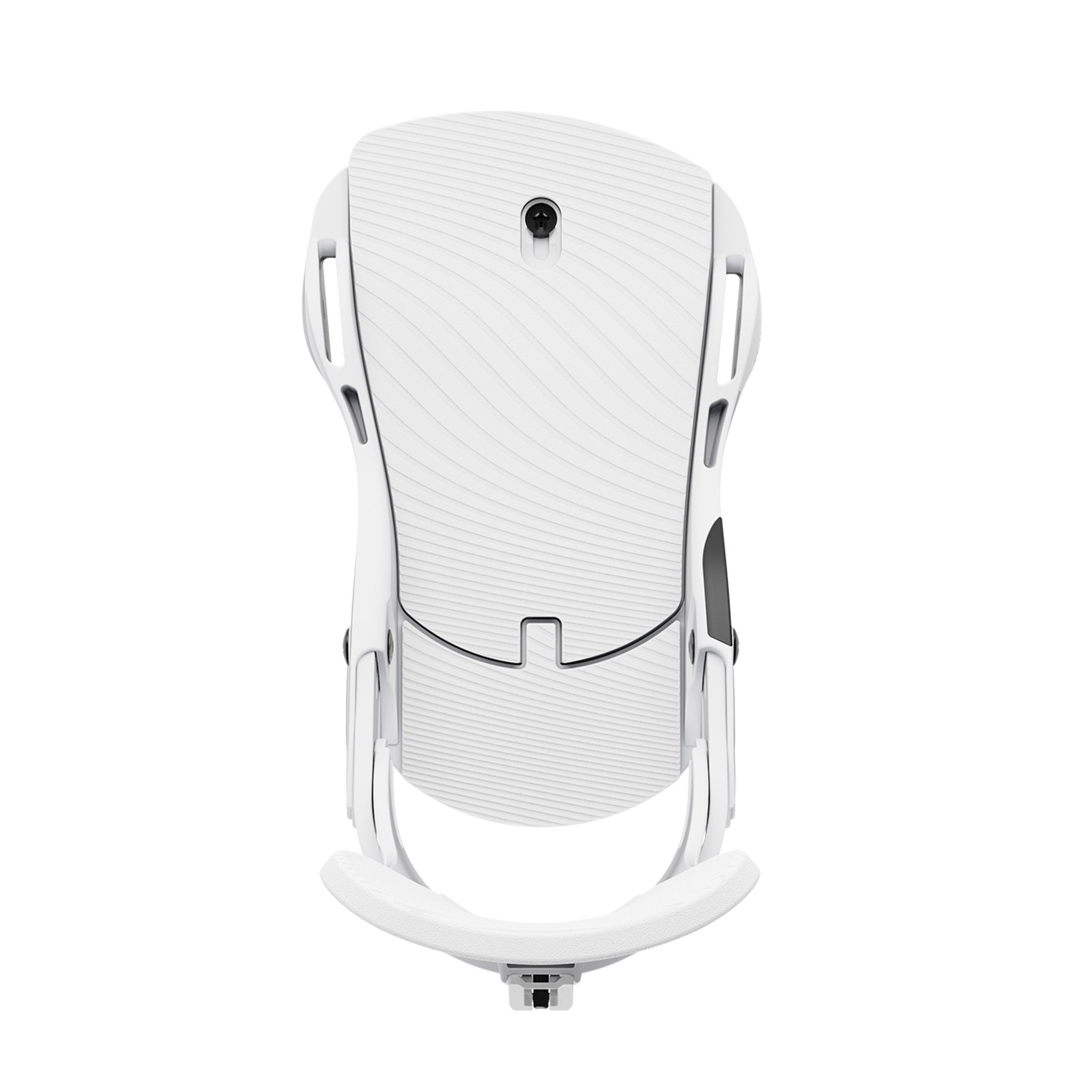 Union Women's Trilogy Classic Snowboard Bindings 2025 - A white snowboard binding with a black strap and silver screws, viewed from above.