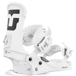 Union Women's Trilogy Classic Snowboard Bindings - A pair of white snowboard bindings with a black logo on the top left side, featuring a strap and buckle on the right boot.