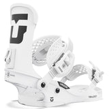 Union Women's Trilogy Classic Snowboard Bindings - A pair of white snowboard bindings with a black logo on the top left side, featuring a strap and buckle on the right boot.