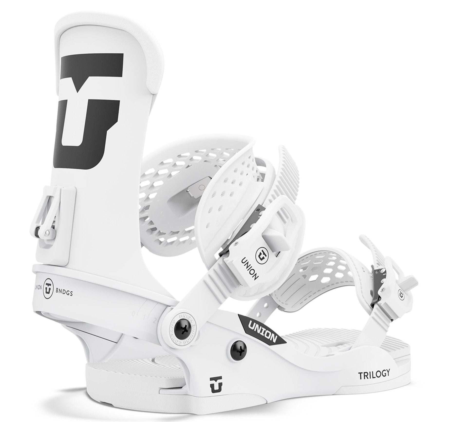 Union Women's Trilogy Classic Snowboard Bindings - A pair of white snowboard bindings with a black logo on the top left side, featuring a strap and buckle on the right boot.