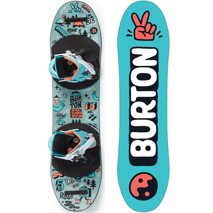 Burton After School Special Snowboard Package 2025 - A light blue snowboard with a black and orange graphic design, featuring the words "After School Special" in bold letters.