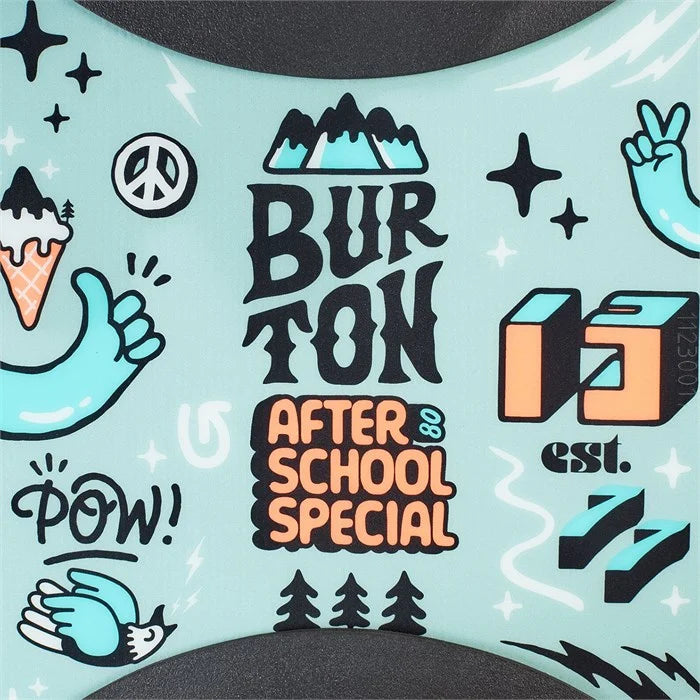 Burton After School Special Snowboard Package 2025 - A snowboard package with a light blue background and white lettering, featuring the words "After School Special" in bold font.