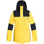 DC Women's Sovereign Insulated Jacket 2021 - A bright yellow jacket with black shoulders and hood, featuring a zippered chest pocket and two side pockets.