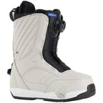 Burton Women's Limelight Step On Snowboard Boots 2025 - A pair of white snowboard boots with a black strap and buckle on the side, featuring a blue label that reads "LIMELIGHT SO" in white text.