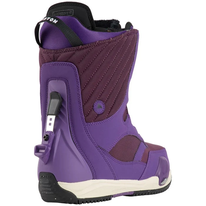 Burton Women's Limelight Step On Snowboard Boots 2025 - A purple snowboard boot with a black strap and white writing on it.