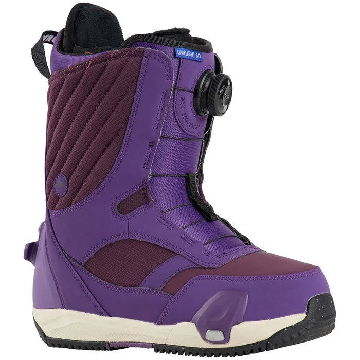 Burton Women's Limelight Step On Snowboard Boots 2025 - A purple snowboard boot with a quilted pattern on the side and black laces.