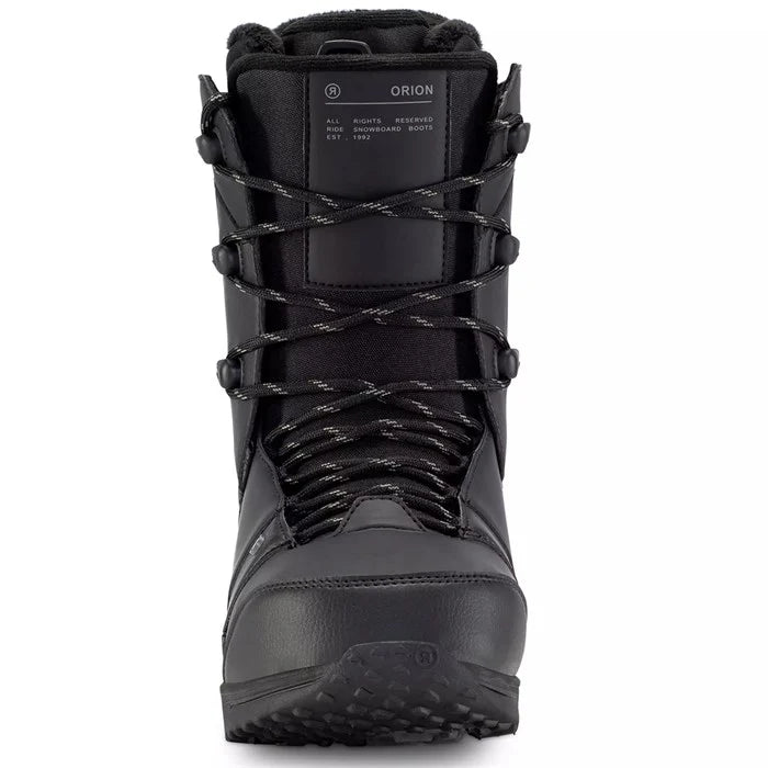 Ride Orion Snowboard Boot 2024 - Black snowboard boots with a textured rubber toe cap and laces.