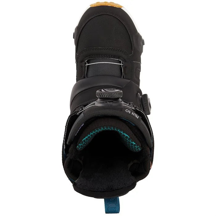 Burton Women's Felix Step On Snowboard Boot 2025 - Black snowboard boot with teal stitching and a yellow logo on top.