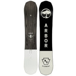 Arbor Element Camber 2023 - A black snowboard with a white logo featuring an arched tree and the word "ARBOR" in white letters, set against a light gray background.