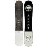 Arbor Element Camber 2023 - A black snowboard with a white logo featuring an arched tree and the word "ARBOR" in white letters, set against a light gray background.