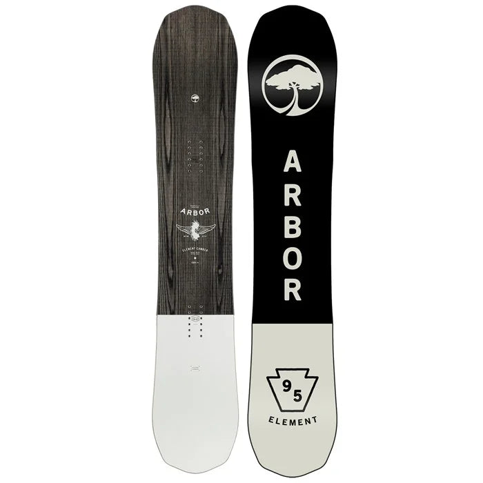 Arbor Element Camber 2023 - A black snowboard with a white logo featuring an arched tree and the word "ARBOR" in white letters, set against a light gray background.