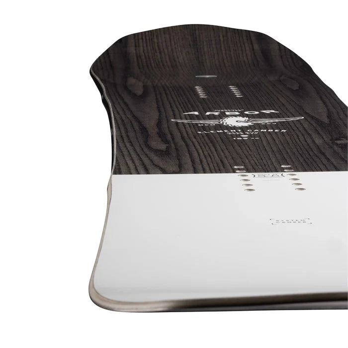 Arbor Element Camber 2023 - B-grade snowboard with a black base and white top sheet, featuring a wood grain pattern on the top.