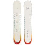 Arbor Women's Mantra Rocker Snowboard 2024 - White snowboard with blue and green stripes on top and bottom edges.