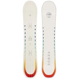 Arbor Women's Mantra Rocker Snowboard 2024 - White snowboard with blue and green stripes on top and bottom edges.