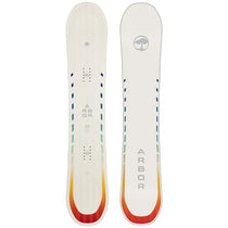 Arbor Women's Mantra Rocker Snowboard 2024 - White snowboard with blue and green stripes on top and bottom edges.