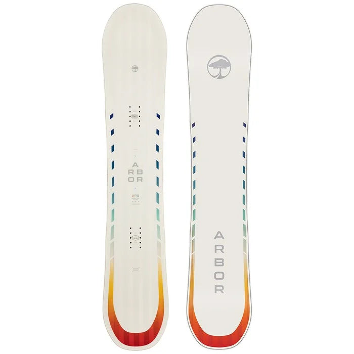 Arbor Women's Mantra Rocker Snowboard 2024 - White snowboard with blue and green stripes on top and bottom edges.