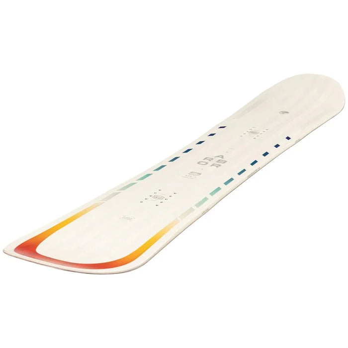 Arbor Women's Mantra Rocker Snowboard 2024 - White snowboard with a subtle pattern of small, dark blue dots along its length and a distinctive red stripe at the tip.