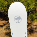 Arbor Women's Mantra Rocker Snowboard 2024 - A white snowboard with a gray logo featuring an outline of a tree in a circle, set against a backdrop of pine needles and branches.