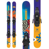 Armada Junior's ARJ Skis with C5 Bindings 2024 - A pair of skis with a purple top and yellow bottom, featuring an orange fox wearing a black-and-white checkered hat.
